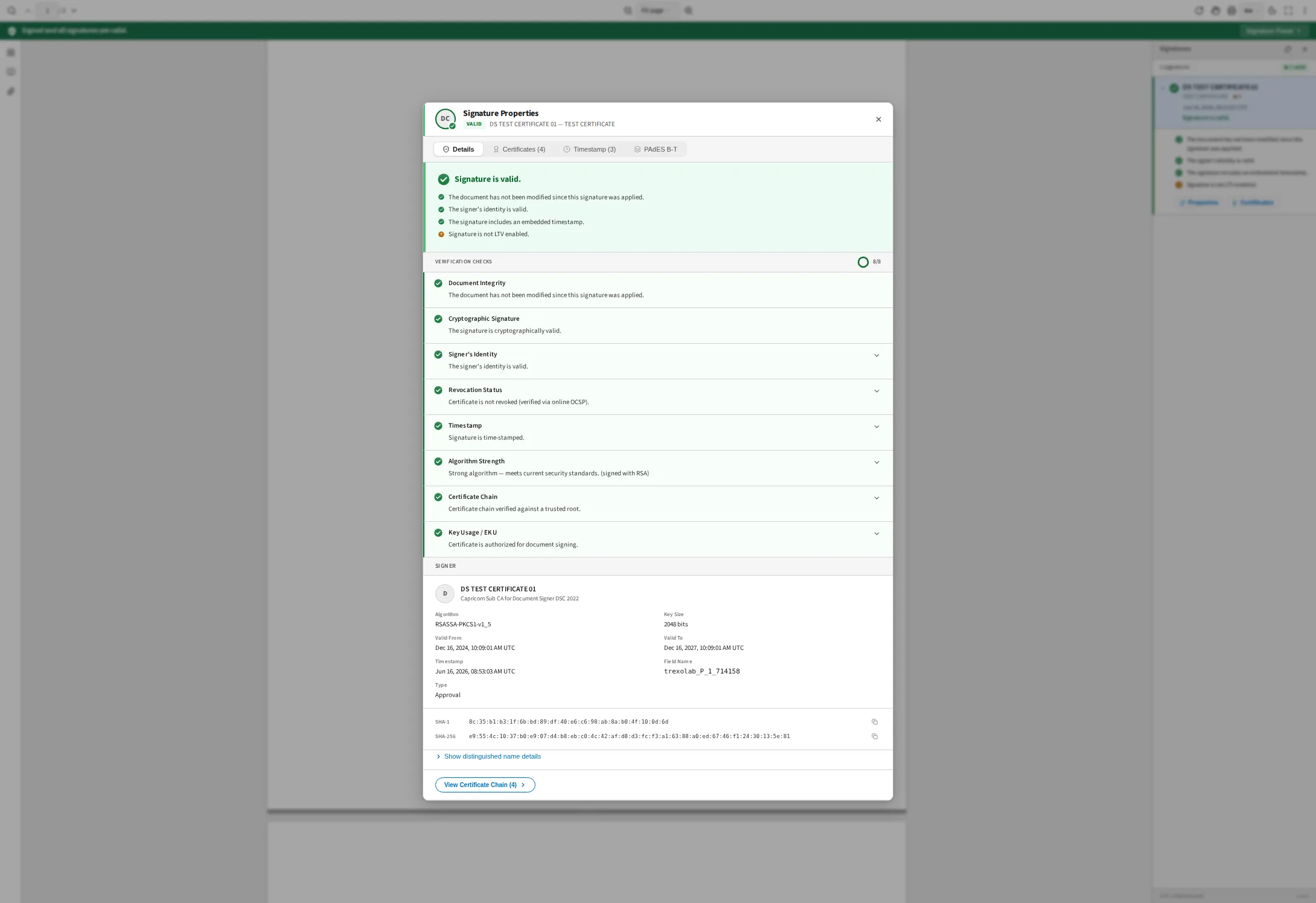 The Certeno viewer showing a signed PDF: a green bar reading “Signed and all signatures are valid”, the signature properties dialog listing eight verification checks, and the signature panel beside it.