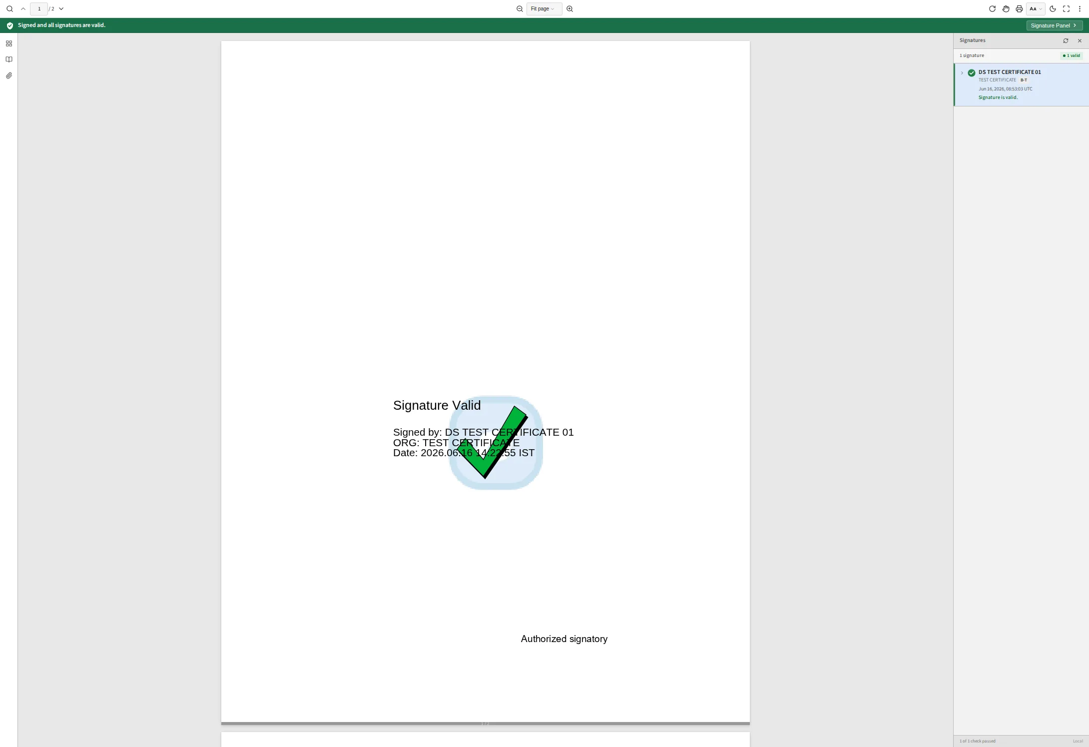 The Certeno viewer: a green bar reading “Signed and all signatures are valid”, the document with its signature stamp, and the signature panel listing DS TEST CERTIFICATE 01 at PAdES B-T.