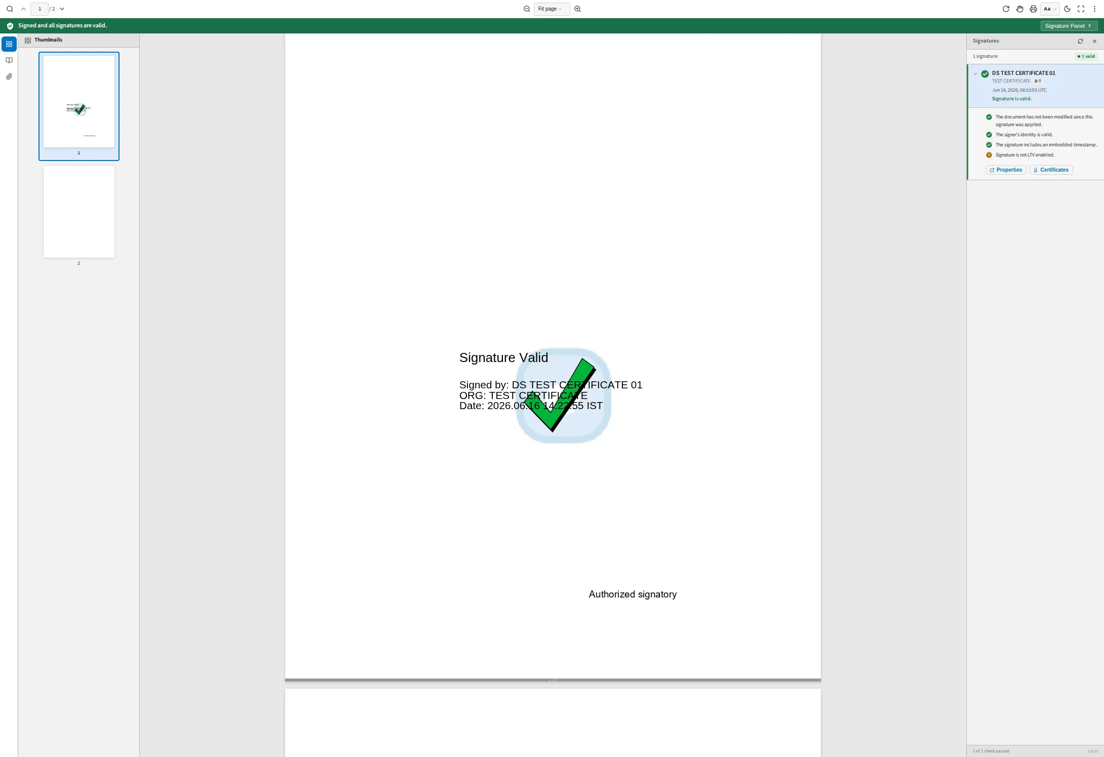 The Certeno viewer with its thumbnail sidebar open beside the document, showing both pages of the file.